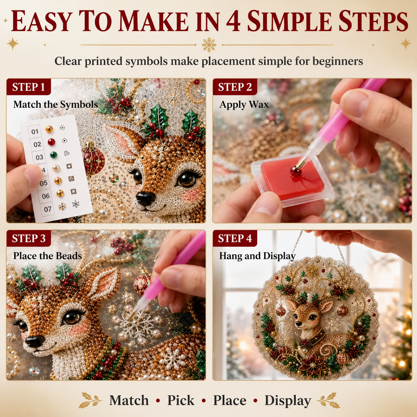 How to make your Sleigh & Sparkle suncatcher in 4 simple steps – match, apply wax, place beads, hang and display