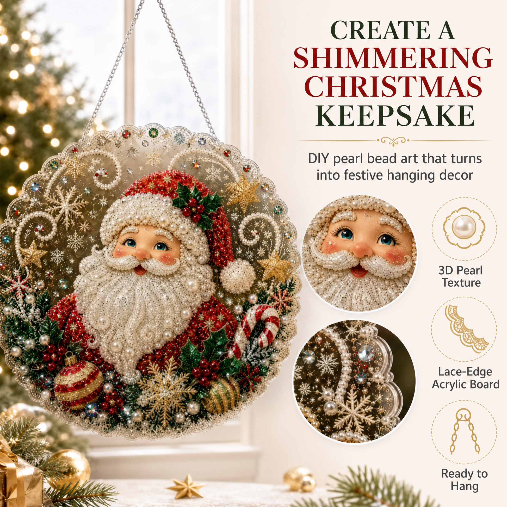 Sleigh & Sparkle DIY pearl bead art Christmas keepsake – Santa design shown finished and ready to hang